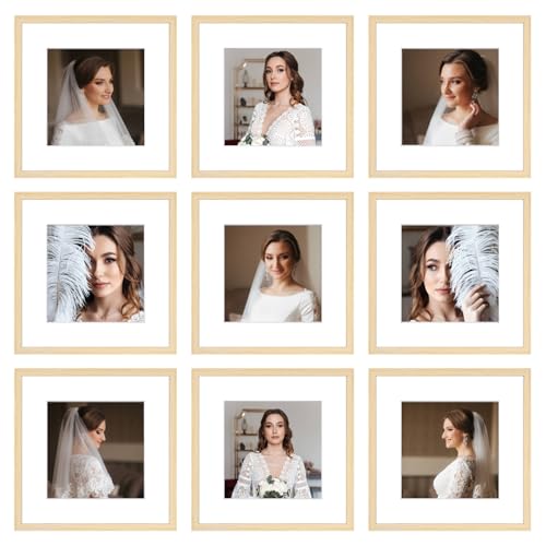 BSRHOME 12x12 Picture Frame Set of 9, Display Pictures 8x8 with Mat or 12x12 without Mat, Multi Collage Gallery Square Photo Frames for Wall or Tabletop, Natural Wood