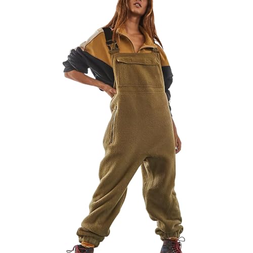 Womens Fleece Overalls - Loose Casual Jumpsuits Warm Winter Fuzzy Snow Bibs Adjustable Strap Snowsuit Small 01-Brown