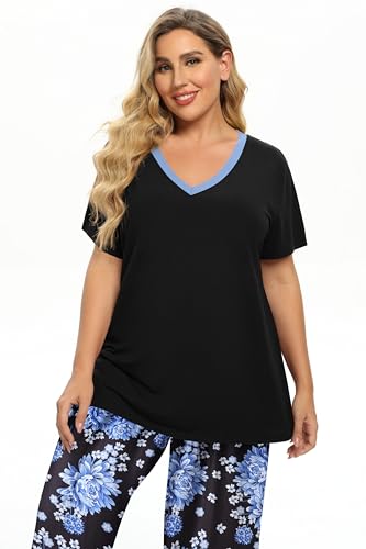 Image of Vozanet Women's V Neck Sexy Pajamas Capri Sets Mexican Style Floral Sleepwear 2PCS Totem Casual Nighty Plus Size M to 5XL