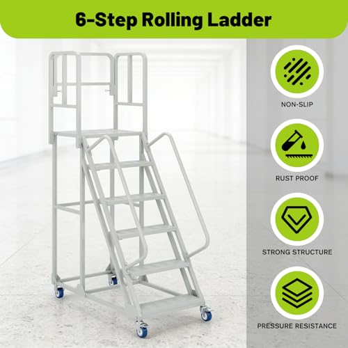 Image of 6-Step 24''Wx90''H Rolling Ladder with Dual Handrails, Lockable Wheels,1200LBS Capacity Industrial Warehouse Rolling Stairs, Heavy Duty Mobile Platform Ladder for Warehouse, Supermarket, Garage