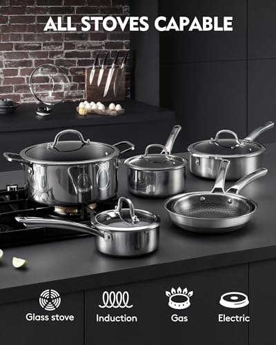 Image of SNOWCLAD Pots and Pans Set Non Stick, 10 Pcs Hybrid Stainless Steel Cookware Sets, Non Stick Frying Pans, Saucepans, Saute Pan & Stock Pot, PFOA Free Kitchen Skillet,Induction Compatible