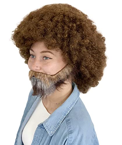Hpo Adult Unisex 80'S Painter Brown Afro Wig And Brown And Patches Of Gray Beard Set | Easy And Classic Celebrity Costume | Premium Halloween & Cosplay Wig (Adult) #TOP1