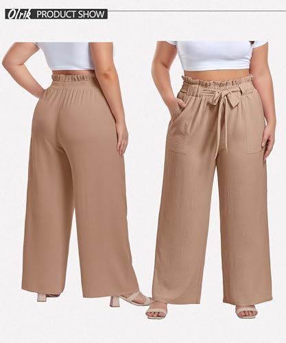 Image of OLRIK Women's Plus Size Pants Adjustable High Waisted Wide Leg Palazzo Pants Casual Trousers with Pockets Spring Clothes