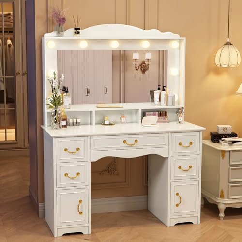 Image of JanflyHome Vanity Desk with Mirror and Lights, Makeup Vanity Table with Power Outlet & 5 Drawers, 3 Colors and Brightness Adjustable, Large Mirror, Modern Dressing Table for Bedroom, White