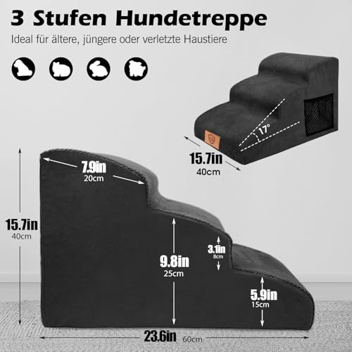 MASTERTOP Hundetreppe für kleine Hunde, Hundetreppe 3 Stufen aus Hochdichter Schwamm, rutschfest Tragbar Hunderampe Katzentreppe mit Tragegriff und Aufbewahrungstasche für Sofa Betten(Schwarz)