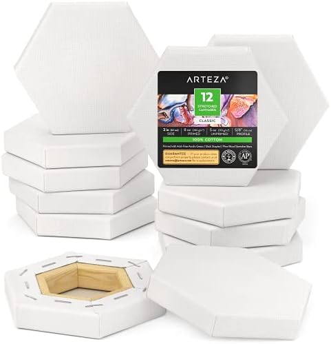 Arteza Stretched Canvas for Painting, 12 Pack, 5.1 cm, Wood Frame, 100% Cotton 8-oz Primed Hexagonal Blank Canvases for Acrylic Painting and Pouring