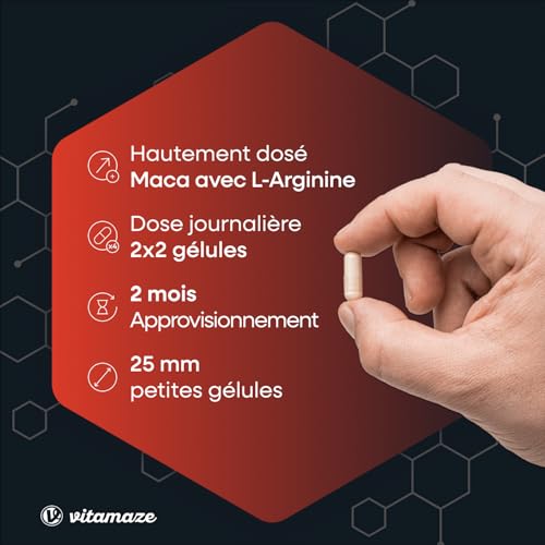 Maca Noire Complexe avec L-Arginine 450mg, Trois types de Maca Andine (Noire, Jaune et Rouge) + Vitamines C et B + Zinc, 240 Gélules, Racine de Péruvienne des Andes, Qualité Allemande, Vitamaze – vue 2