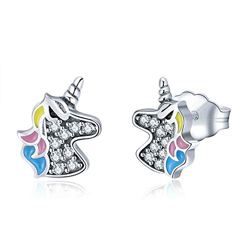 ALXDR Pendientes Unicorn Stud De Plata Esterlina para Mujeres Niñas, Pendientes Hipoalergénicos Que Completan El Brillante Circonio Cúbico