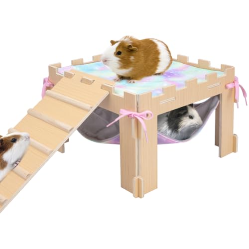 BESNEW Guinea Pig Hammock with Platform and Ramps,Wooden Small Animal Hideout with Waterproof Coating Mat Hammock,Guinea Pig Cages Accessories Toys Hiding Playing,Easy to Clean(Single)
