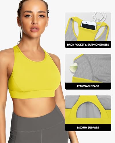 Image of QUEENIEKE BareFlow Women's Sports Bras with Phone Pocket Medium Impact Padded Racerback Workout Gym Crop Top Running Yoga Bra