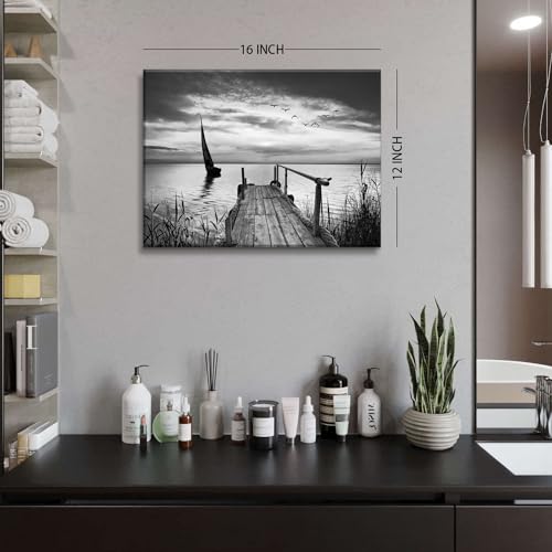 Image of Nature Beach Landscape Wall Art for Living Room Black and White Paintings Wall Decor Ocean Coastal Scenery Canvas Prints Seascape Sailboat Picture Vintage Poster Artwork Kitchen Modern Home Decoration 12x16 inch