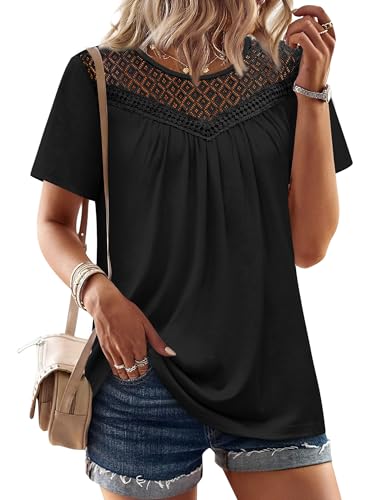 WIHOLL Womens Tops Short Sleeve Lace Shirts Summer Spring Tops Boho Trendy Beach Vacation Clothes Loose Fit