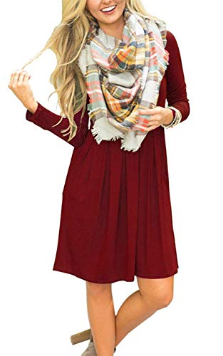 AUSELILY Women's Long Sleeve Pleated Loose Swing Casual Dress with Pockets Knee Length (M, Wine Red)