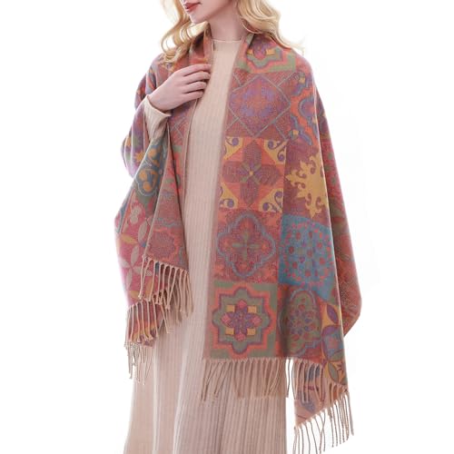 RIIQIICHY Reversible Pashmina Scarf for Women Jacquard Shawl Wrap Scarves White/Yellow/Blue