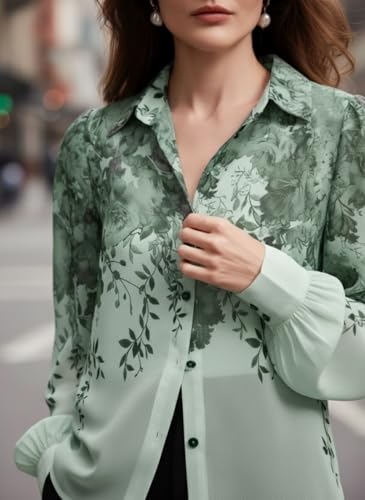 Image of Women Shirt || Women Top ||Autumn Leaves Print Polo Collar Shirt, Casual Long Sleeve (S-22-25)
