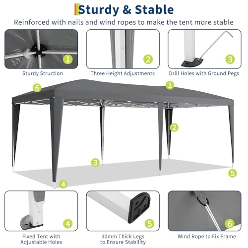 10x20 Heavy Duty Pop Up Canopy Tent with 6 Removable Sidewalls, Easy Up Commercial Canopy Tents for Parties, Large Outdoor Canopies with 3 Adjustable Heights, Stakes X18, Ropes X6, Grey
