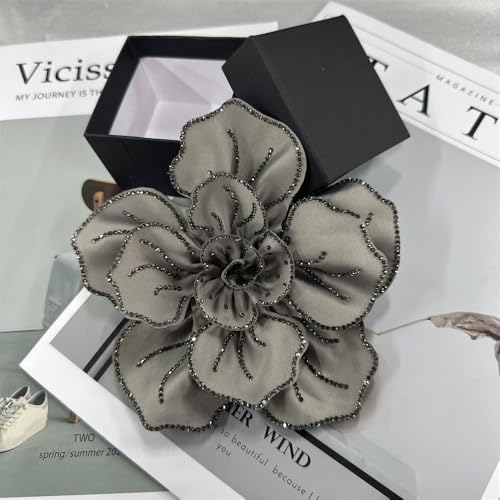 Image of Fabric Rhinestone Flower Big Brooch Lapel Pins for Women Elegant Crystal Floral Brooches Pin for Dresses Suit Accessories Jewelry Boutonniere Corsage Wedding Party 5.5in
