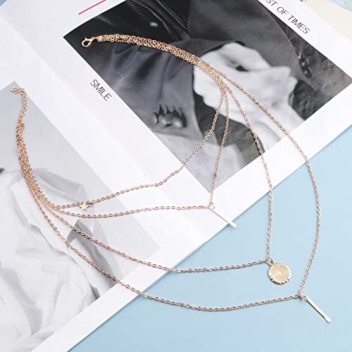Dervivea Bohemia Layered Necklace Choker Vertical Bar Pendant Necklace Multi layer Bar Disc Necklace Gold Long Necklace Chain Jewelry for Women and Girls - Image 3