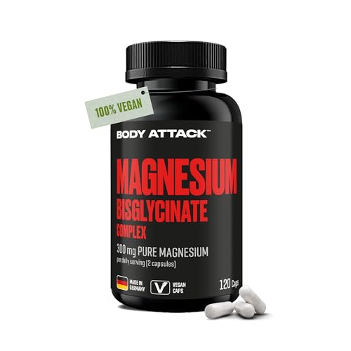 Body Attack Magnesium Bisglycinat Complex - 120 Caps - Reiner Wirkstoff in hochdosierten Magnesium Kapseln - Made in Germany, vegan - Bisglycinate mit hoher Bioverfügbarkeit