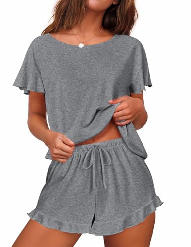 Ekouaer Women's Pajama Set Ruffle Sleeves Top and Short Soft 2 Piece Loungewear Set