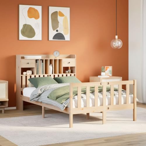 Mokuyary Cama de madera maciza con estante sin colchón, 135 x 190 cm, marco de cama de madera de pino, cama con somier, plataforma, marco de cama, fácil montaje para dormitorio, habitación de