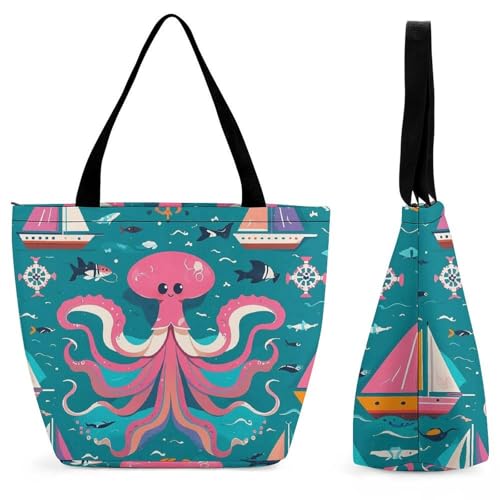 Marine Creatures for Navigation Tote Bag for Women Cosmetic Bag with Zipper, Reusable Wide Opening Handbag for Work, Travel
