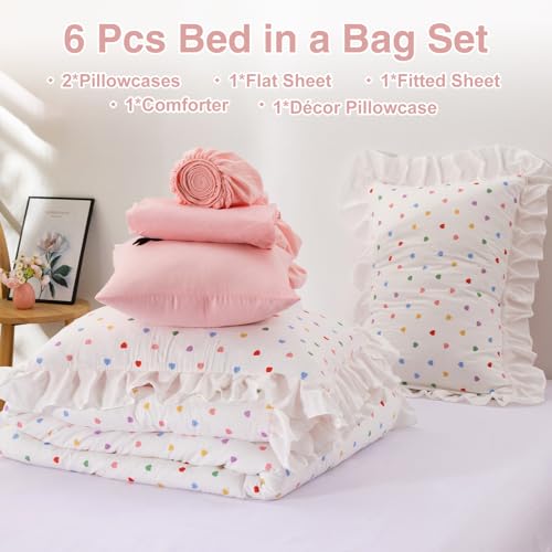 Image of A Nice Night Colorful Heart Love Pattern Bedding Set,Ruffle 6 Piece Bed in a Bag Matching Sheet Set,Princess Chic Style,White Comforter Sets Room Decor for Girls,Twin