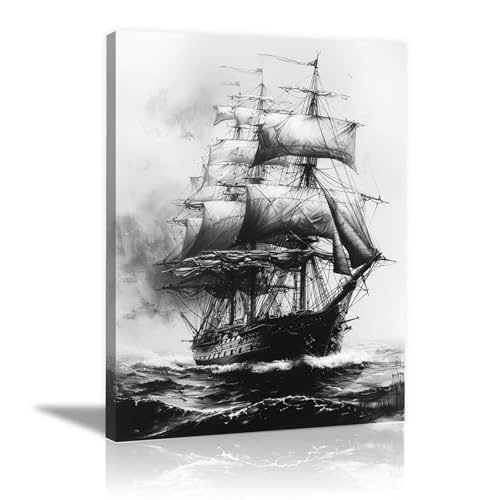 SHYAMIC Negro,blanco Cuadro abstracto Lienzo, Barco en el mar blanco y negro Cuadros Decoracion Salon Lienzo, Dormitorios Para Comedor Pasillo Cocina Y Baño-20x30cm Enmarcado