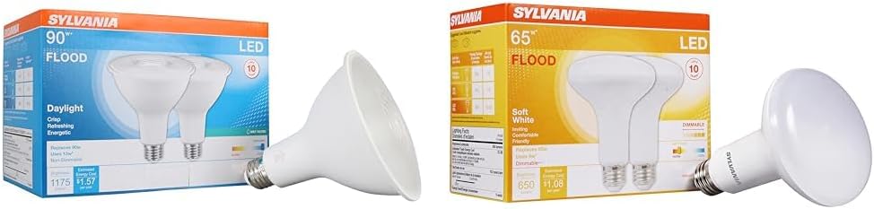 Sylvania LED Flood PAR38 Light Bulb, 90W Equivalent, Efficient 13W, 10 Year, 1175 Lumens & Sylvania LED Flood BR30 Light Bulb, 65W Equivalent Efficient 9W, 10 Year, 650 Lumens, Dimmable