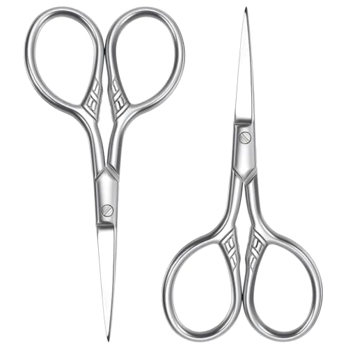 2 Pcs Mini Scissors for Eyebrows Makeup Scissors Stainless Steel Professional Precision Trimmer for Beauty Nose Ear Beard Mustache with Textured Anti-Slip Handle Grooming Tool for Women Men