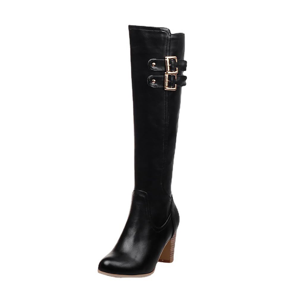 Womens Buckle Knee High Boots Almond Toe Riding Footwear Fashion Fall Winter Boots with Elastic Calf