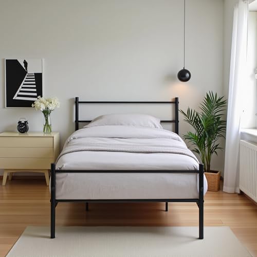 FetiNes Bettgestell Gästebett Metallbett | Modern Einzelbett Jugendbett Bettrahmen mit Lattenrost für Schlafzimmer Gästezimmer | 90x190 cm | Schwarz