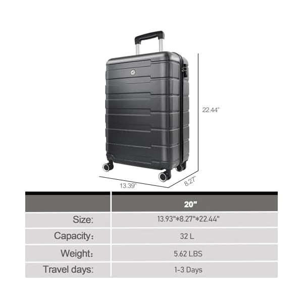 Houagi 20 Carry On Luggagehard Shell Suitcase With Spinner Wheelslightweight Travel Luggage Suitcases With Tsa Lock For Women Menblack