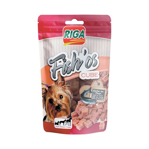 RIGA - Fish'Os Cube - Dolcetto cane - Cubo di pesce - ricco di proteine - basso contenuto di grassi - senza coloranti né additivi - Premi naturali ideali - 80 g