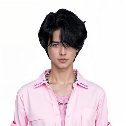 ZEKTALRY Short Black Wig for Men Synthetic Hair with Bangs Includes Wig Cap Halloween Party Anime Wigs