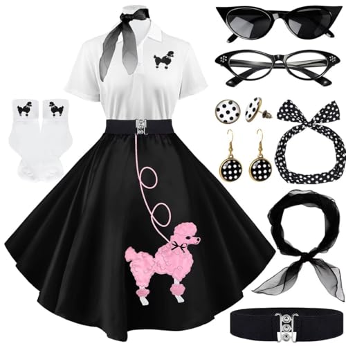 VillbeCoser Sock Hop Outfits Women 1950s Poodle Skirts Polo Shirt with 50s Accessories Socks Scarf Headband Belt 10Pcs (Blackpink-M)