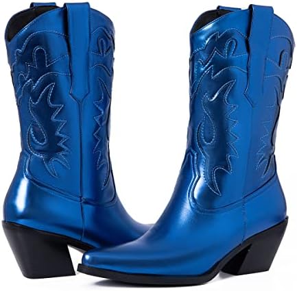 Kalstage Cowboy Boots for Women Chunky Heel Cowgirl Boots Women Slip On Pointed Toe Western Rubber Platform Mid Calf Boots
