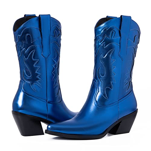 Kalstage Cowboy Boots For Women Chunky Heel Cowgirl Boots Women Slip On Pointed Toe Western Rubber Platform Mid Calf Boots #TOP23