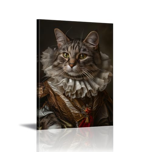 Cat Wall Art Funny Bathroom Decor Grey Tabby Cat Picture Gothic Canvas Prints Renaissance Kitten Poster Aristocratic Animal Painting for Living Room Bedroom Office Decor Framed(12