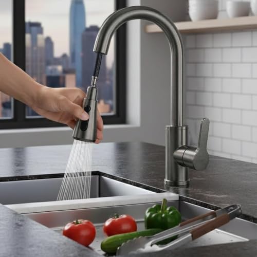 Image of EVANEX Pull Out Kitchen Faucet 304 Stainless Steel Kitchen Faucet 360 Degree Rotating Kitchen Tap for Sink Deck Mounted Kitchen Sink Tap Flexible
