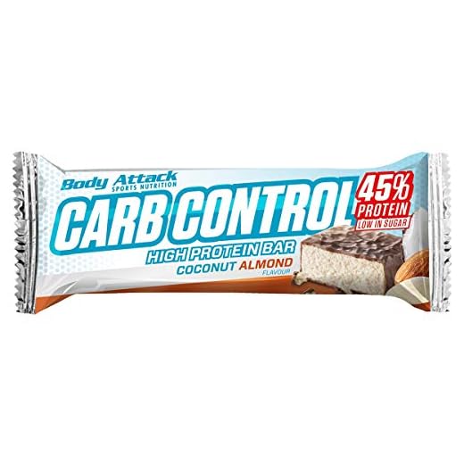 Body Attack Carb Control, proteinspärr utan tillsats av socker, Low Carb – High Protein, proteinvamp med vassa, även i mixlådan (kokosnöt mandel, 15 x 100 g)