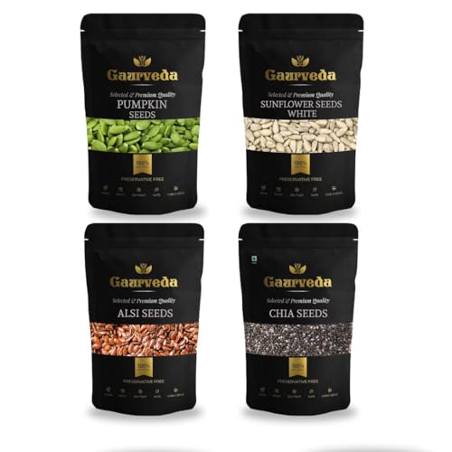 Image of GAURVEDA Chia Seeds,Flax Seeds,Pumpkin Seeds & Sunflower Seeds-Fully Sortex-Summer Pack-Rich In Fibre And Protein-Combo Pack (100 Grams Each,Chia Seeds + Flax Seeds + Pumpkin Seeds + Sunflower Seeds)
