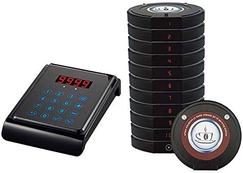CallToU Restaurant Pager System Rechargable Wireless Paging System Calling System for Clinic Church Cafe Shop with 10 Coaster Pagers and 1 Keypad Caller