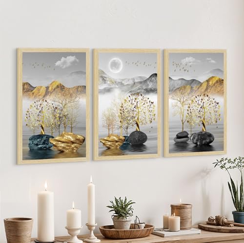 Image of ArtX Paper Modern Art Wall Painting For Living Room Decoration Big Size, Tree of Life Framed Painting for Wall Decoration, Wall Decor For Bedroom, Multicolor, 12x18 inches, Set Of 3