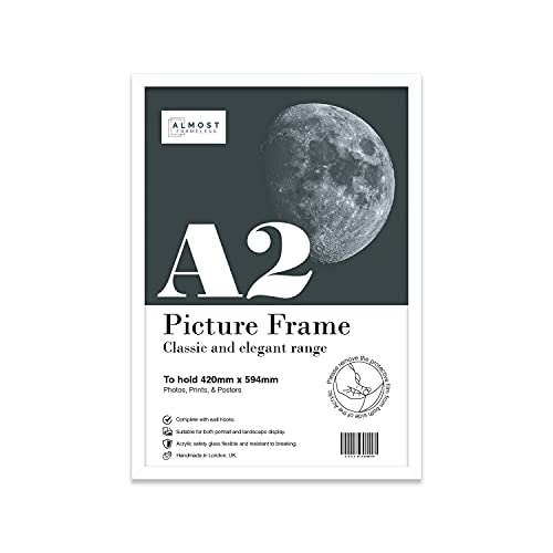 Almost Frameless A2 White Picture Frame, Fits A2 (42 x 59.4cm - 16.5 x 23.4in) Poster, Photo, or Print. Portrait and Horizontal Wall Hooks