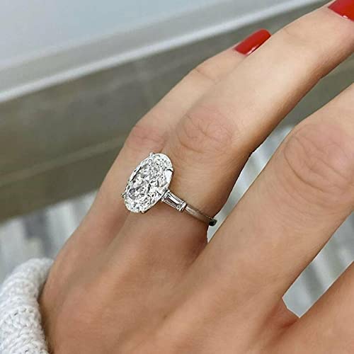 Ssjewel 3 Ct Oval Cut Diamond Tapered Baguette Shank Solitaire Wedding Band Engagement Ring 14K White Gold Plated Real 925 Sterling Silver Handmade Anniversary Dainty Charming Gift For Her #TOP2