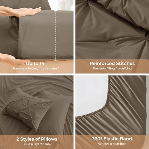Image of Sasttie King Size Comforter Set, 7-Piece Bed in a Bag, Pintuck Bedding Set for All Season, Includes Comforter, Flat Sheet, Fitted Sheet, Pillowcases and Pillowshams, Brown