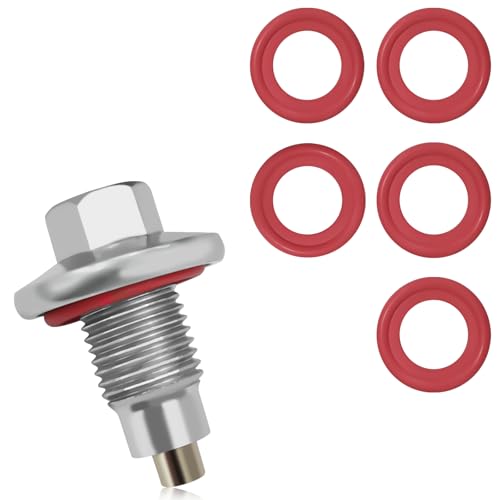Image of KUQUTIDY M14*1.5 Magnetic Oil Drain Plug with 5PCS Rubber Crush Washer Oil Pan Drain Plug Gasket, Stainless Steel Sump Drain Nut Bolt Anti Leakage Replacement Compatible with GMC Ford