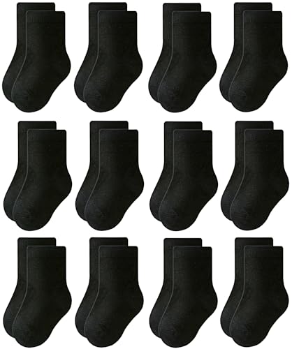 RATIVE Basic Cotton Crew Socks for Unisex Baby Infant Toddler Kids Boys Girls(3-5T 12-pairs/black)
