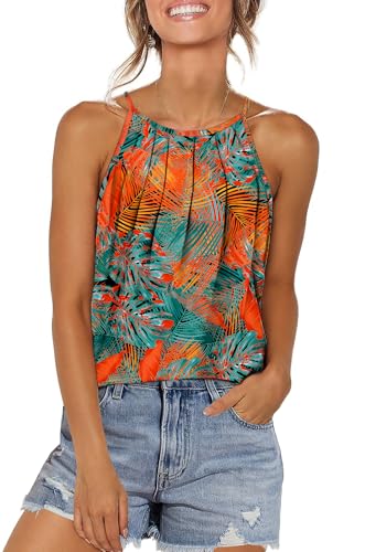 WIHOLL Hawaiian Outfits for Women Summer Halter Tops Casual Tank Tops Scoop Neck Floral L
